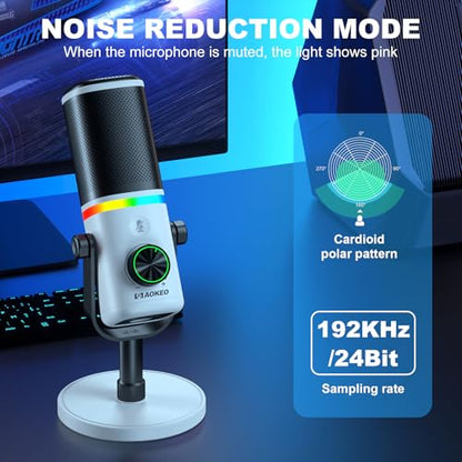 Aokeo Microphone for PC, AK-10 USB/XLR Dynamic Desktop Microphone for Gaming,Podcast,Streaming with RGB Light,Volume Control,Mute Button,Noise Reduction(White) - color: White