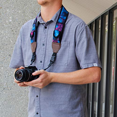 USA Gear TrueSHOT Camera Strap Neoprene Camera Straps - Padded Neck Strap, Accessory Pocket, and Quick Release Buckles - Compatible with Canon, Nikon, Sony and More DSLR and Mirrorless Camera - Galaxy - color: Galaxy