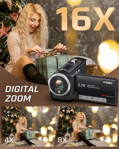 Video Camera Camcorder, QHD 2.7K 56MP 16X Digital Vlogging Camera with LED Fill Light for YouTube, 2.8'' 270° Rotation Screen Camcorder Camera with 32GB Card and Two Batteries