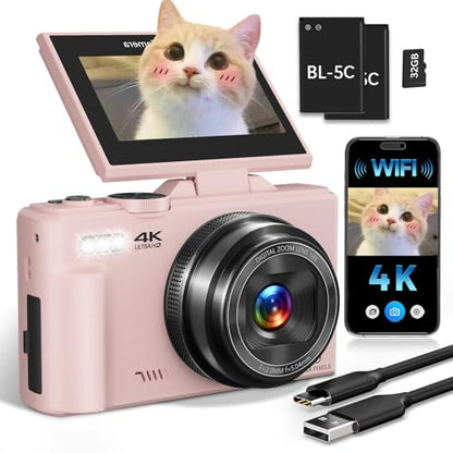 4K Digital Camera for Beginners & Teens, Compact Vlogging Camera with 180° Flip Screen, Autofocus, Easy-to-Use for Travel & YouTube, 18X Zoom, WiFi, 2 Batteries, 32GB Card - color: light pink