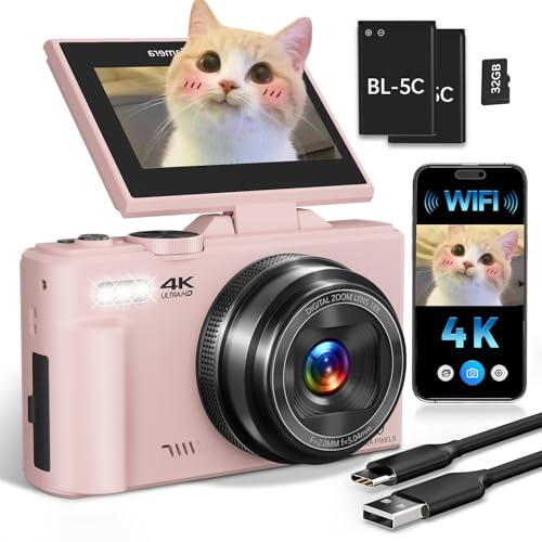 4K Digital Camera for Beginners & Teens, Compact Vlogging Camera with 180° Flip Screen, Autofocus, Easy-to-Use for Travel & YouTube, 18X Zoom, WiFi, 2 Batteries, 32GB Card - color: light pink