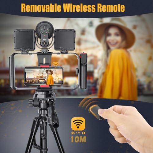 Smartphone Video Rig, Filmmaking Vlogging Cage, Phone Stabilizer Tripod Mount with Wireless Remote Shutter for All iPhone and Android Smartphones