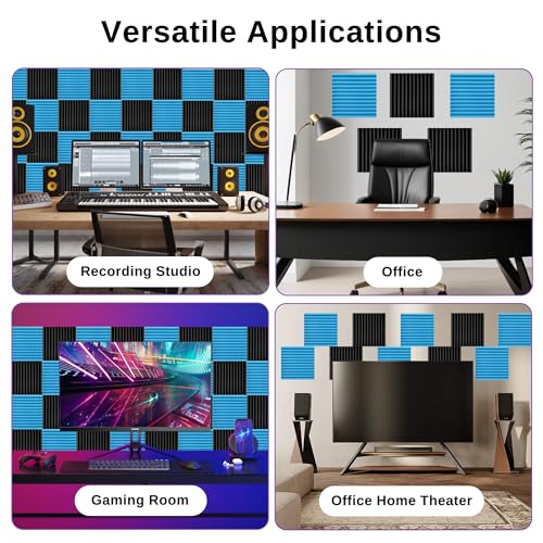 52 Pack Acoustic Foam Panels 1" x 12" x 12"Acoustic Wedge Studio Foam Sound Absorption Wall Panels (Black/Blue) - color: 52 Pack 26 Black+26 Blue, size: 12” x 12" x 1"