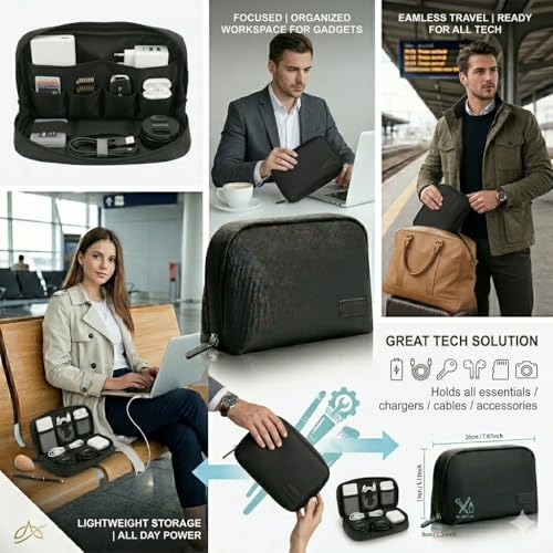 Luxury Travel Organizer Bag for Tech, Cables, Cords, Accessories, Carry Case, Premium Solid Pattern Multi Space Pockets, Water-Shock-Dust-Proof, Hard Shell Storage Bag with Compartments, Black