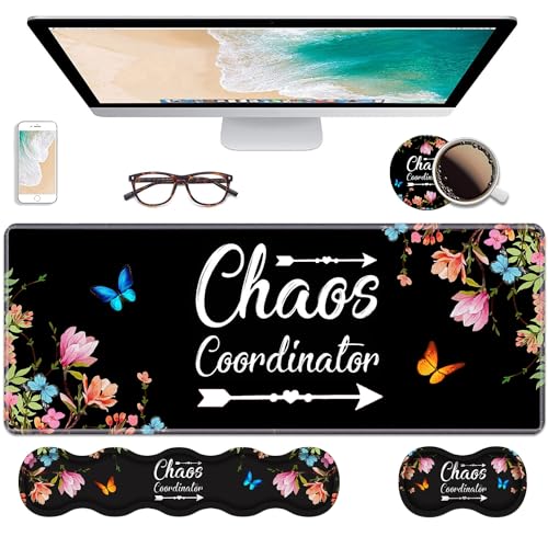 Ergonomic Keyboard Wrist Rest & Mouse Pad Wrist Rest Set, Chaos Coordinator Quote Vintage Watercolor Floral Large Gaming Desk Mat 31.5"x 11.8" with Memory Foam, Easy Typing Pain Relief for Home Office - color: Chaos Coordinator Quote Vintage Watercolor Fl