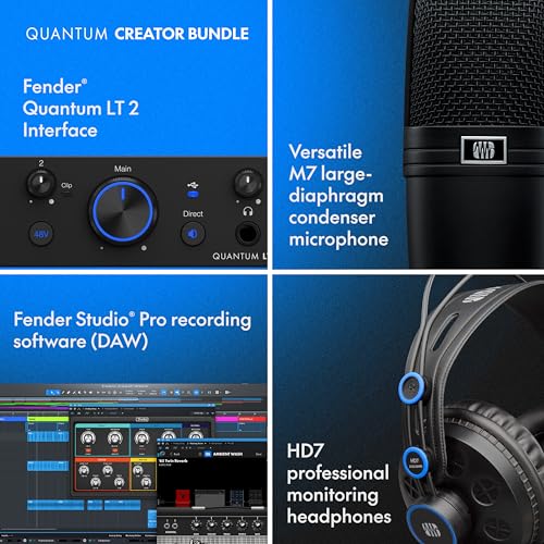 Fender Quantum Creator Bundle | Home Recording Kit with Quantum LT 2 USB-C Interface, M7 Condenser Microphone, HD7 Headphones, XLR Cable, Mic Stand, Fender Studio Pro, Beginner Studio Bundle | Includes Quantum Lt 2 USB-C Interface, M7 Condenser Mic, HD7 H