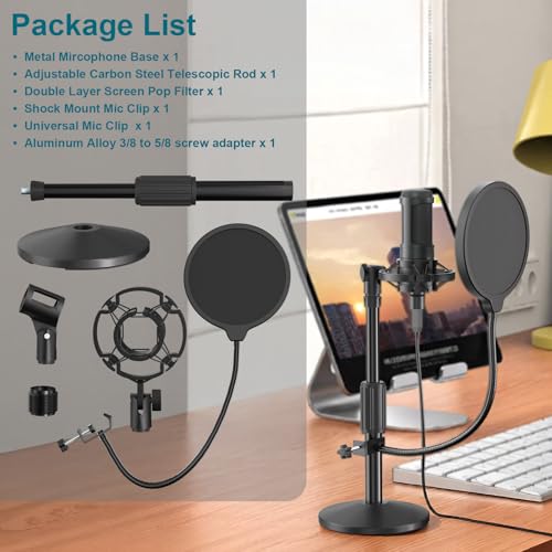 Desktop Microphone Stand,Adjustable Height Mic Stand with Pop Filter Shock Mount Mic Clip 3/8" to 5/8" Adapter,Compatible with AT2020|AT2035|AT2040|QuadCast S|Razer Seiren X| Blue Snowball |Shure - size: Mic Stand with Pop Filter