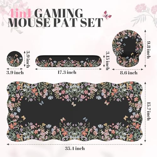 iCasso Desk Mat Set,Large Mouse Pad with Wrist Rest,Ergonomic Keyboard Wrist Support for Women,Girly Floral Computer Mat with Scalloped Edges,Non-Slip Desk Pad Home Office Gaming (Black) - color: Black