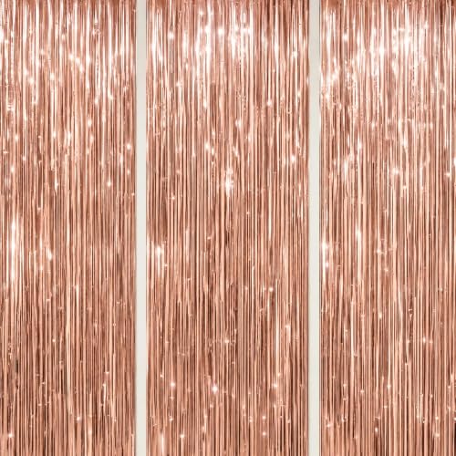 DECOCKRAT 3 Pack Foil Fringe Backdrop - Rose Gold Shiny Tinsel Curtains for Party Decoration/Photo Booth Props - 3.3x8.2 FT Metallic Foil Backdrop for Birthday, Wedding, Graduation, Christmas. - color: Rose Gold