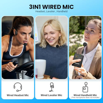 UHF Dual Channel Wireless Lavalier Microphone System-2 Bodypack Transmitters with Headset & Lapel Mics, Rechargeable Receiver, Echo Function,50m/164ft Range 1/4" Output for Recording Karaoke Teaching