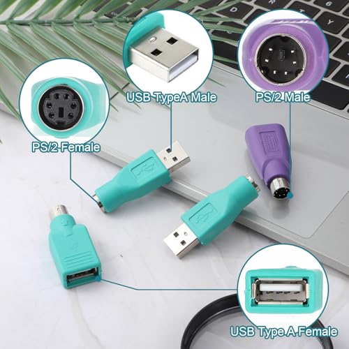 4PCS PS/2 to USB & USB to PS/2 Adapter Combo, 2 Types PS2 t o U SB A Male Female Converter for Keyboard Mouse Replacement PS-2 Jack Adapter for Desktop PC Laptop Notebook (Green & Purple)