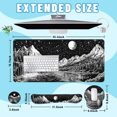 Moon Night Desk Mat Set Dark Mountain Landscape Large Mouse Pad with Wrist Rest 4in1 Desk Mat for Desktop Ergonomic Keyboard Wrist Support Anti-Slip Computer Ergonomic Mouse Pad Home Office Gaming - color: Moon Night