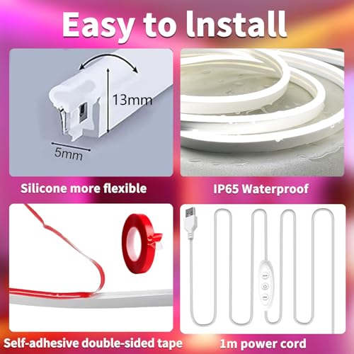 Neon Rope Lights，16.4ft RGB LED Strip Lights with Remote and App Control,Music Sync Flexible DIY Design,5V USB Powered Neon Lights for Bedroom, Living Room,Gaming,and Party Decoration - size: 16.4FT