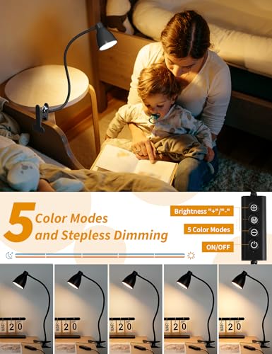 BOHON Desk Lamp 5 Color Modes 10 Brightness Dimmer Reading Light Black | 10W 38 LED Clamp Lamp with Auto Off Timer 360° Flexible Neck Clip on Light for Bed Bedside, AC Adapter Include - color: Black