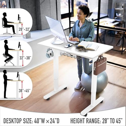 SHW 40-Inch Mobile Electric Height Adjustable Sit to Stand Desk with Drawer, Hanging Hooks and Cable Management, White - color: White