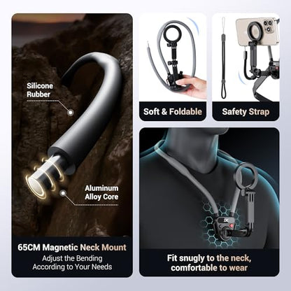 Lightweight Magnetic Neck Mount for Phone & Action Camera,Magnet Neck Holder with 3 Removable Arms for iPhone 17 16 15 Series Android Osmo360 Action 5Pro Hero 13,POV/Vlog Selfie Mount Necklace Holder | Quick Release Neck Phone Holder for iPhone 17 16 15 S
