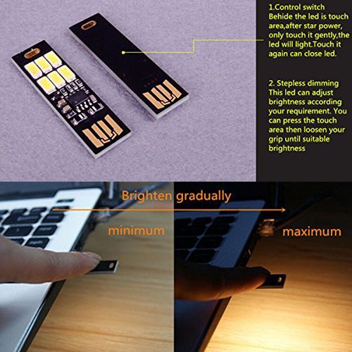 Yitee 5pcs LED Circuit Boards USB Light Keychain Super Bright 6 LEDs Mini USB Light Lamp with Smart Touch Electrodeless Dimming Switch for Laptop Keyboard Light(Warm White), Qty:5