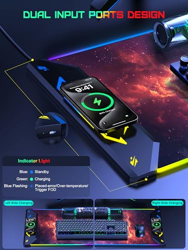 TopMade Wireless Charging Mouse Pad, RGB Gaming Mousepad, 35.4" x 15.8" Extra Large Waterproof Keyboard Desk Pad, Computer Desk Mat, Red Nebula (Includes 20W PD Power Adapter & 6.56ft Woven Cable) - color: RGB-Red Nebula-35.4"x15.8"-with Adapter