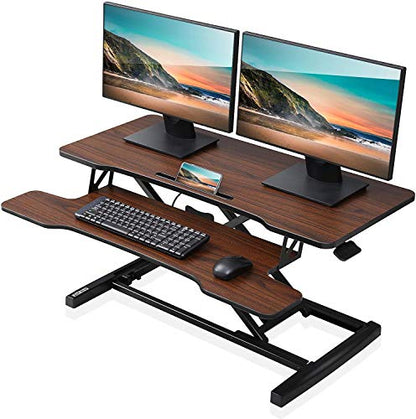 FITUEYES Height Adjustable Standing Desk 36” Wide Sit to Stand Converter Stand Up Desk Tabletop Workstation for Laptops Dual Monitor Riser Brown SD309102WE - color: Brown
