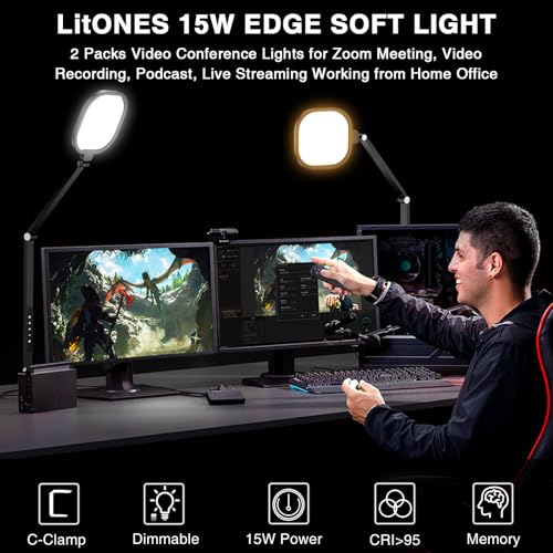 2 Packs Video Conference Light for Computer, 15W LitONES Desk Light for Zoom Calls Meeting with C-Clamp & Metal Swing Arm, Podcast Lighting Kit with Remote, Memory & Timing CRI＞95 - color: Black-2 packs