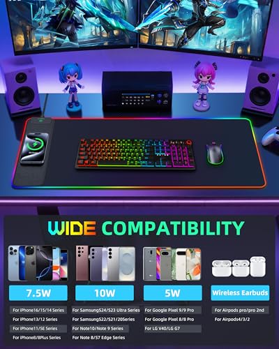 Wireless Charging Mouse Pad, RGB Gaming Desk Mat, 31.5"x15.7" Large XXL Desk Pad, 15 Lighting Modes, Ultra-Smooth Surface, Non-Slip Mouse Mat, Waterproof Computer Keyboard Pad for Desk, Office, Black - color: Black Rgb (Wireless Charging)