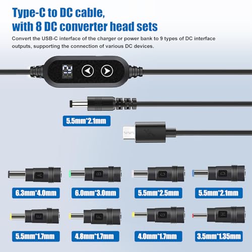 USB C to DC 5V/9V/12V/15V/20V Cable with 8 DC Conversion Heads and LED Display Screen, USB to DC Power Cable for use with PD Charger and PD Power Bank for Speakers, routers, laptops (3.9ft) - color: Black-65W usb c to dc cable