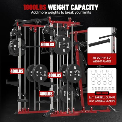 All in One Home Gym System Workout Station, Multi-Function Smithe Machine Power Cage with Cable Crossover System, Tripe-Sided Independent Load Posts, Functional Trainer for Full Body Training - color: Red, style: Home Gym Station