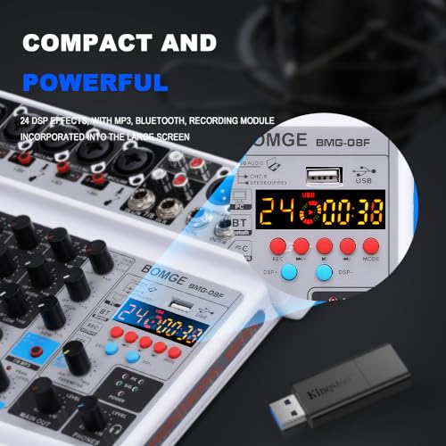 BOMGE 8 channel mini audio mixer Line Mixer,DC 5V,with MP3 Player,Bluetooth, U disk 48V,24DSP effects, USB recording Ideal for Small Clubs or Bars, Studio Recording (8 channels-WHITE)