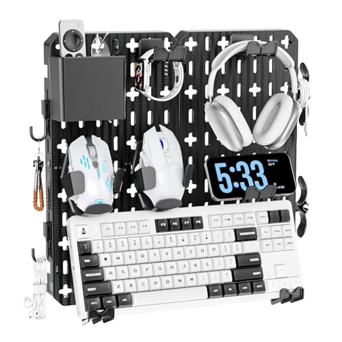 KDD Keyboard and Mouse Display Stand Holder, Wall Mount Office Organization Pegboard Combination Kit with Pen holder, Hooks, Headset & Controller Stand for Office & Home Hanging Organizer Storage