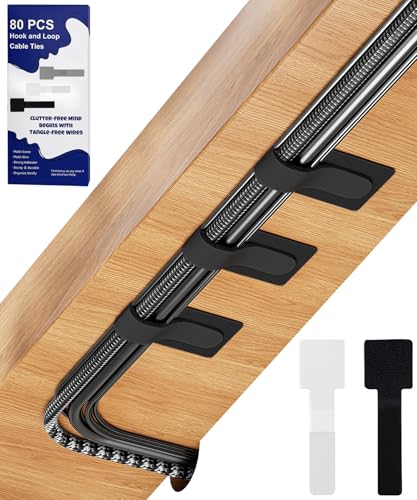 80PCS Hook and Loop Cable Ties, Under Desk Cable Management, Adhesive Cable Straps, Cord Management Hider Idea, Cord Organizer for Desk, Computer Accessories, Home Office Organization, Black+White - color: 40Pcs Black + 40Pcs White