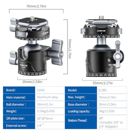 CAVIX Ball Head, Tripod Ball Head Mount 1/4" & 3/8" with Arca Quick Release Plate, 360° Rotating Panoramic Ball Head for DSLR Camera,Tripod,Monopod,Slider,Camcorder - 11 lbs/5kg Load - size: Ball Dia. 28mm