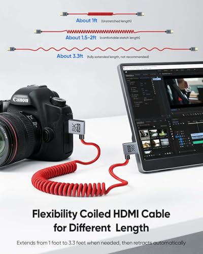 8K Short Coiled HDMI Cable, Right Angle 90 Degree HDMI 2.1 Camera Cable, 48Gbps 4K@240fps 8K@60fps HDR eARC VRR for for Sony FX30/A7S III, Canon C70, BMPCC 4K/6K, Atomos Ninja V SmallHD Monitor