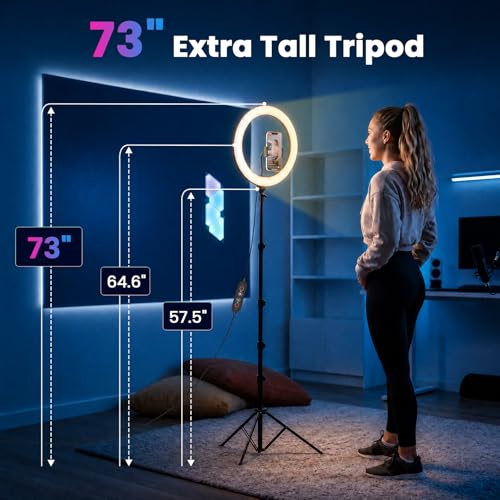 PEYOU 12" Selfie Ring Light with 73" Extendable Tripod Stand and Phone Holder, 38 Color Modes Dimmable RGB Ring Light,3-in-1 Desk & Floor Use for iPhone, Makeup, TikTok, YouTube, Live Streaming