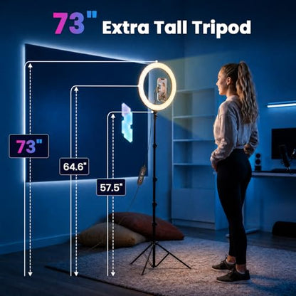 PEYOU 12" Selfie Ring Light with 73" Extendable Tripod Stand and Phone Holder, 38 Color Modes Dimmable RGB Ring Light,3-in-1 Desk & Floor Use for iPhone, Makeup, TikTok, YouTube, Live Streaming