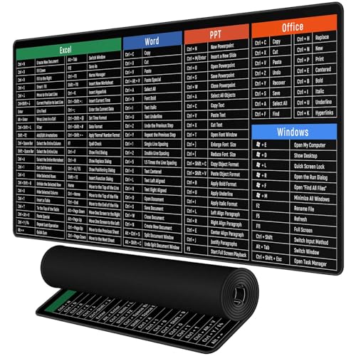 Rinaze Large Mouse Pad Desk Mat with Excel Shortcuts Cheat Sheet, Anti-Slip Keyboard Pad with Multifunctional, Gaming Mousepad, Office Desk Accessories for Computer, MacBook, PC and Laptop - color: Multi-black