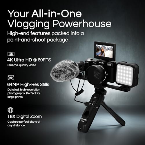Minolta 64MP 4K60FPS VLOG Camera Kit – Digital Autofocus Camcorder with Tripod, Remote, Mic, LED Light, 3-inch LCD Screen, Time-Lapse, Slow Motion, Wide Angle Lens, 32GB Card, USB