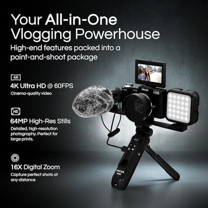Minolta 64MP 4K60FPS VLOG Camera Kit – Digital Autofocus Camcorder with Tripod, Remote, Mic, LED Light, 3-inch LCD Screen, Time-Lapse, Slow Motion, Wide Angle Lens, 32GB Card, USB