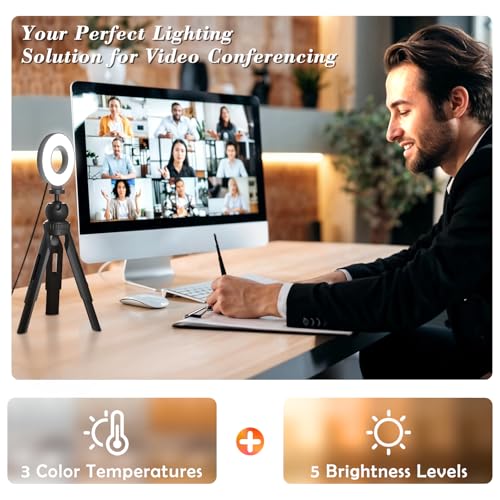 Ring Light with Tripod and Clamp, [3 Color, 5 Brightness & Timer] USB Plug Clip On Lights for Laptop Working Distance Learning Zoom Call Self Broadcasting Live Streaming Video Conference Lighting