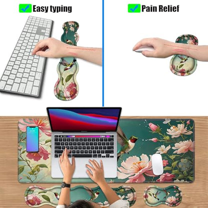 4 in 1 Ergonomic Keyboard Wrist Rest & Mouse Pad Wrist Rest Set, Large XXL Gaming Desk Mat 31.5"x 11.8" with Non-Slip Base, Memory Foam for Home Office Study Gaming, Hummingbird Flowers - color: Hummingbird Flowers