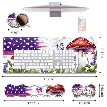 4 in 1 Ergonomic Keyboard Wrist Rest & Mouse Pad Wrist Rest Set, Large XXL Gaming Desk Mat 31.5"x 11.8" with Non-Slip Base, Memory Foam for Home Office Study Gaming, American Flag Mushroom Butterfly - color: American Flag Mushroom Butterfly