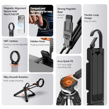 COMAN DP58 Magnetic Phone Tripod, Aluminum MagSafe Tripod Stand with Carabiner, Mini Portable Travel Pocket Tripods for iPhone & Non-Magnetic Phones with Included Ring - color: Black