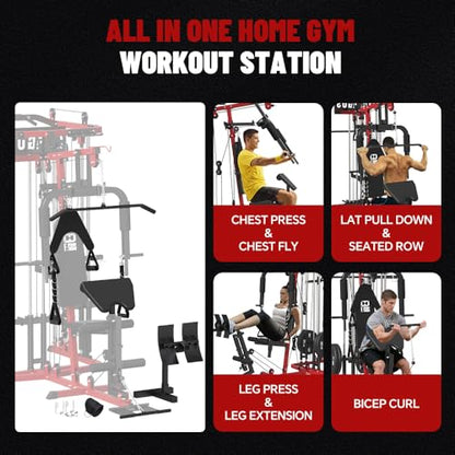 All in One Home Gym System Workout Station, Multi-Function Smithe Machine Power Cage with Cable Crossover System, Tripe-Sided Independent Load Posts, Functional Trainer for Full Body Training - color: Red, style: Home Gym Station with Weight Bench (9001)