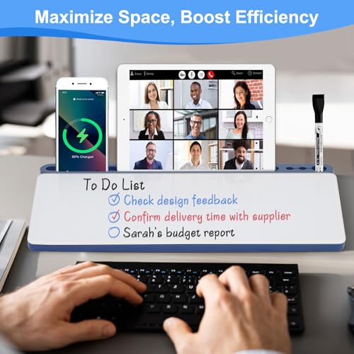 Glass Desktop Whiteboard with Storage, Desk White Board with Computer Keyboard Stand,White Dry Erase Board with Drawers for Home,School,Office - Blue - color: Organizer-blue