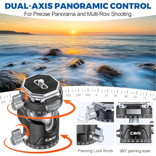 CAVIX 360° Rotating Panoramic Ball Head, Tripod Head Mount 1/4" & 3/8" with Arca Quick Release Plate, for DSLR Camera,Tripod,Monopod,Slider,Camcorder, 11 lbs/5kg Load - size: Ball Dia. 28mm