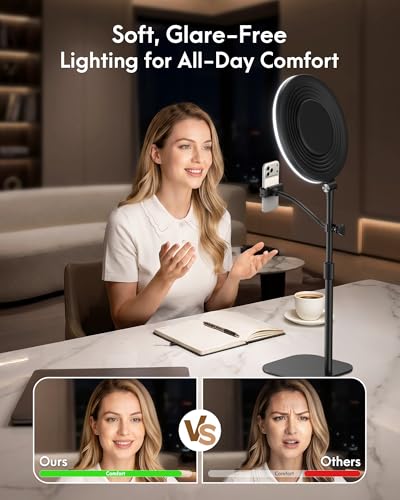 Full-Panel Ring Light with Stand and Extra-Long Flexible Phone Arm for Podcast & Streaming, 10" LED Video Light for Desk, Laptop & Computer, Dimmable Light for Video Recording & Content Creation