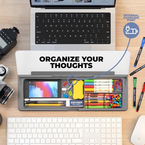 Desktop Whiteboard - Glass Dry Erase White Board - Desk Computer Buddy – Home Office & Studying Essentials - Desktop Pad with Phone & Tablet Slot, Storage Compartment - Includes 4 Markers, 1 Eraser - color: Grey