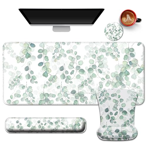 Desk Mat Set + Keyboard and Mouse Pad with Wrist Rest Support,4-in-1 Large Mousepad Computer Mats for Desktop Home & Office -Eucalyptus - color: V-Eucalyptus
