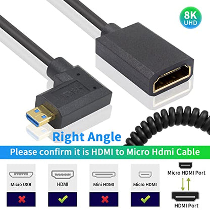 Duttek 8K Right Angle HDMI to Micro HDMI Cable, 48Gbps Extreme Thin Micro HDMI to HDMI Extension Cable, Male to Female Support 8K@60Hz for Laptops, Cameras, Raspberry Pi 5 4 3.3FT/1M - style: Right Angle Micro HDMI Male to HDMI Female