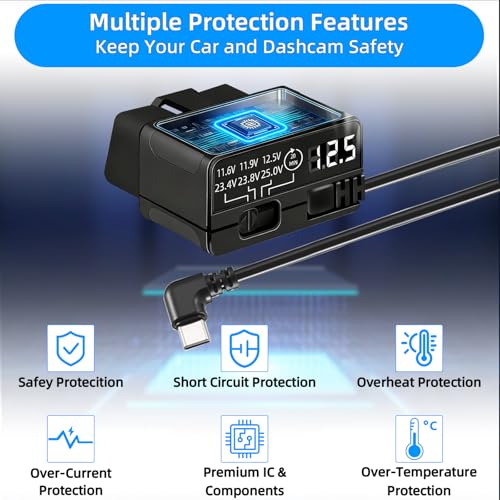 OBD2 to USB C Power Cable for Dash Cam, Plug and Play Dashcam Hardwire Kit with LED Voltmeter, 4-Level Low Voltage Protection (11.6V/11.9V/12.5V/20min), 12V-24V to 5V/3A for Parking Mode, 11.5ft/3.5M