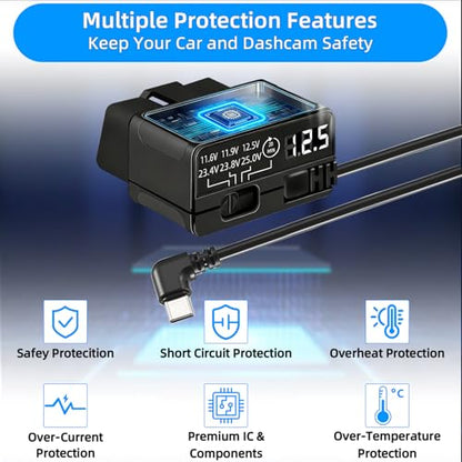 OBD2 to USB C Power Cable for Dash Cam, Plug and Play Dashcam Hardwire Kit with LED Voltmeter, 4-Level Low Voltage Protection (11.6V/11.9V/12.5V/20min), 12V-24V to 5V/3A for Parking Mode, 11.5ft/3.5M